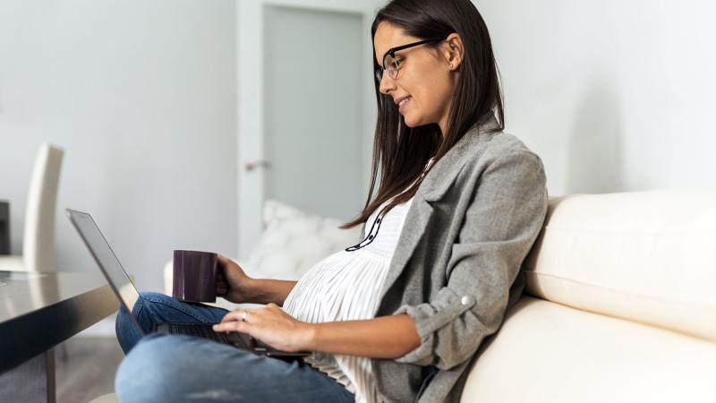 Pregnant Woman Sitting On Couch At Home While Using The Laptop